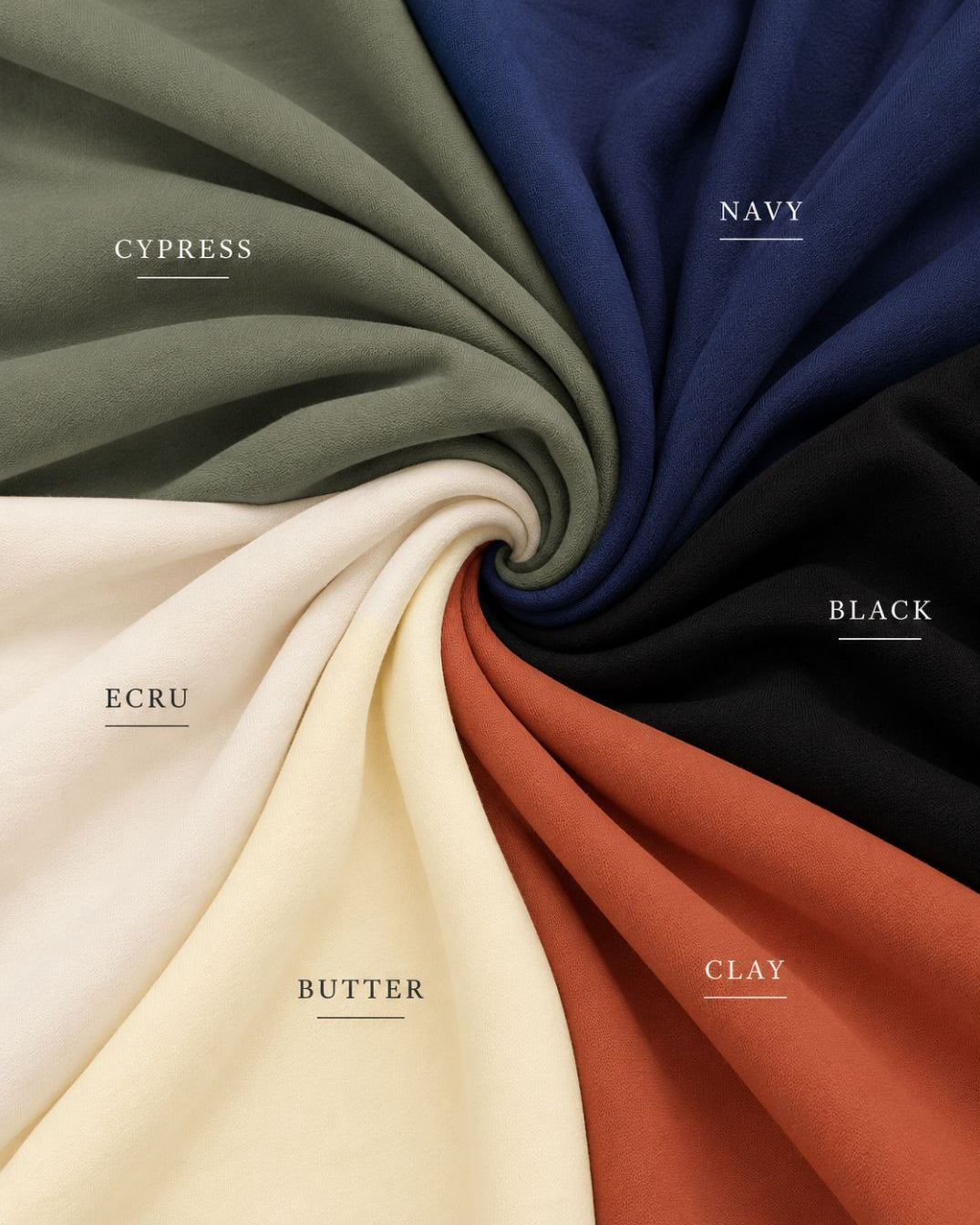 Six fabric color choices labeled Cypress, Navy, Black, Butter, Clay, and Ecru.