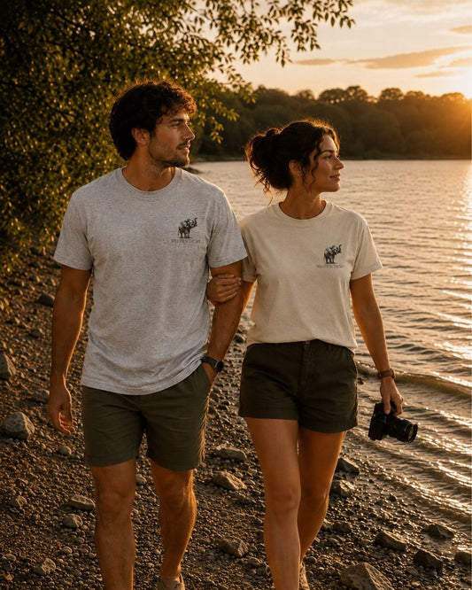 Oversized grey and separate stone organic cotton unisex wildlife t-shirt featuring small elephant chest graphic