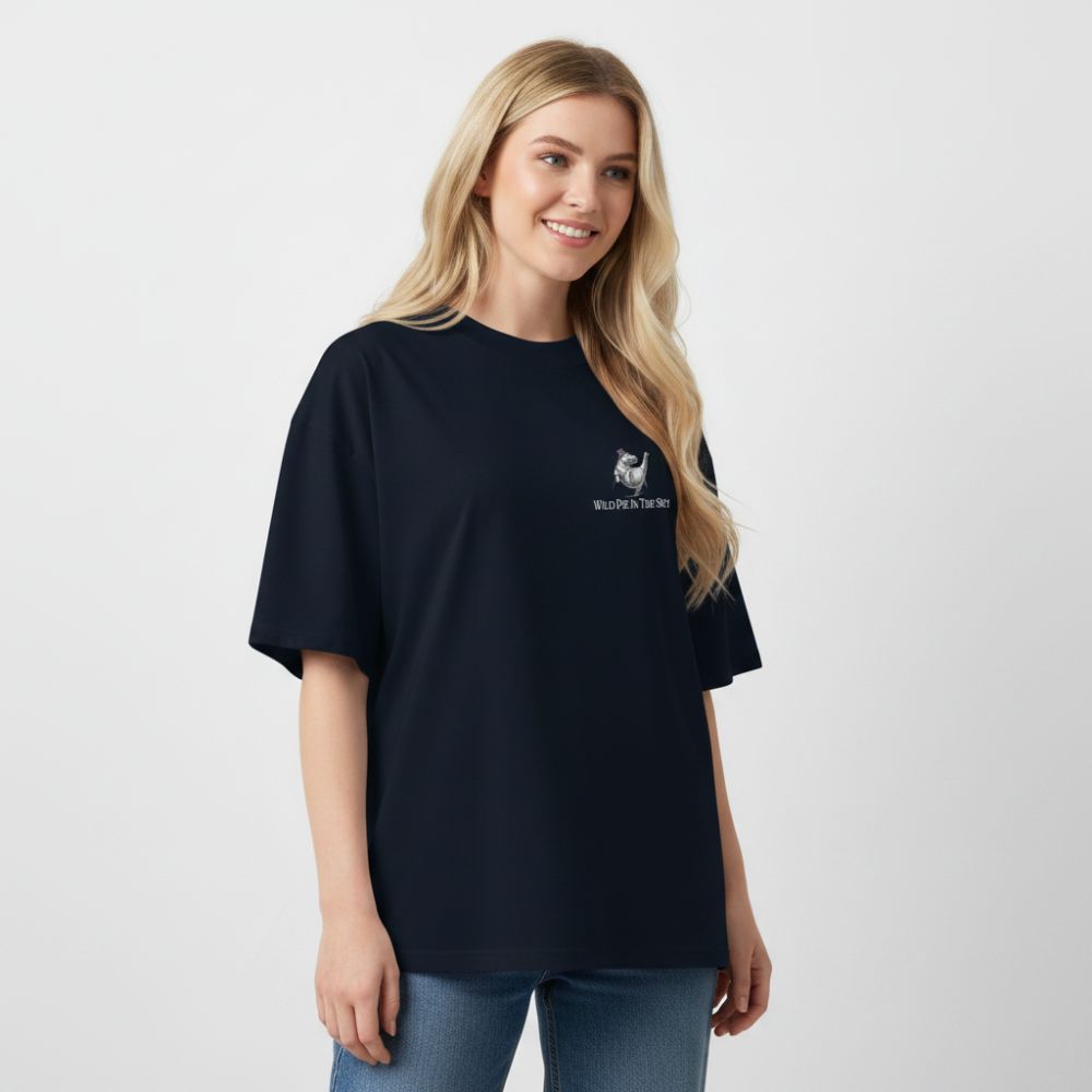 Oversized navy organic cotton unisex wildlife t-shirt featuring small dancing hippo chest graphic