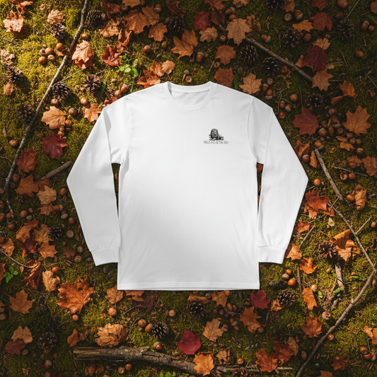 White unisex cotton long sleeve wildlife t-shirt featuring small lion chest graphic