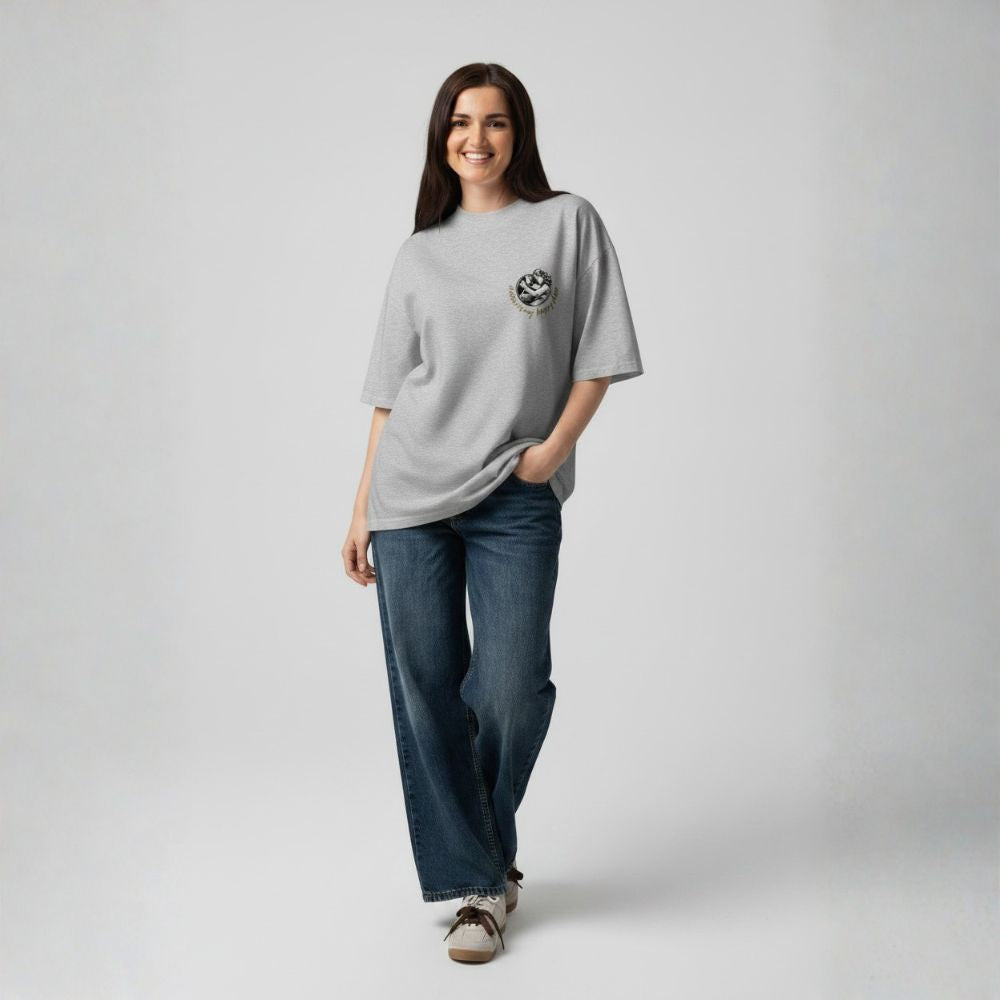Oversized grey organic cotton unisex wildlife t-shirt featuring small mother nature chest graphic