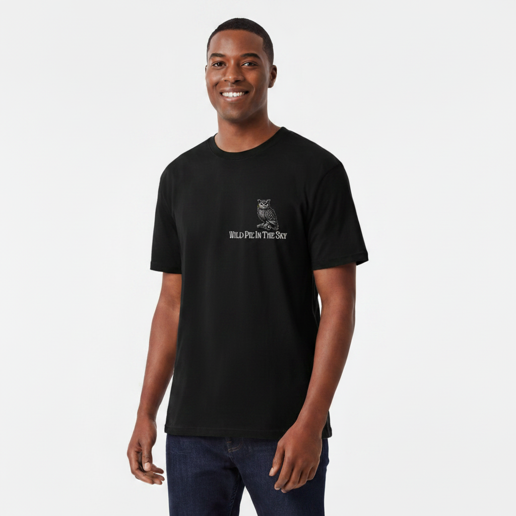 Oversized black organic cotton unisex wildlife t-shirt featuring small owl chest graphic