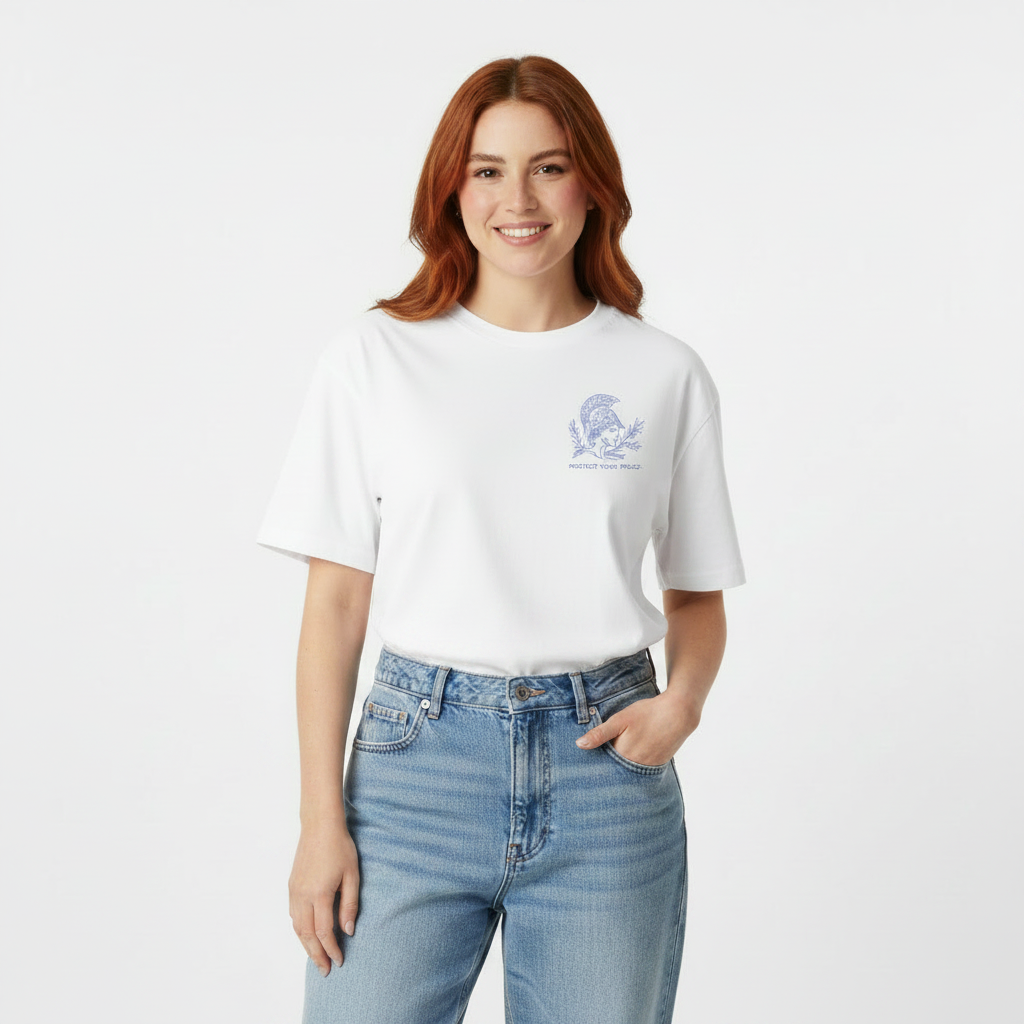 Woman wearing Unisex organic cotton nature inspired t-shirt with protect your peace design – sustainable clothing