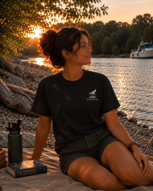Oversized black organic cotton unisex wildlife t-shirt featuring small winged rhino chest graphic
