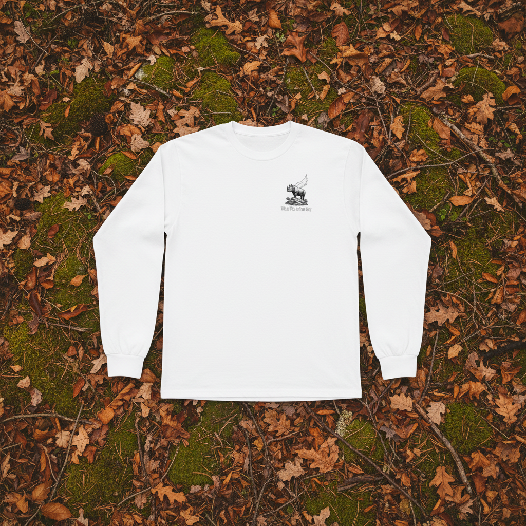 White cotton long sleeve wildlife t-shirt featuring small rhino chest graphic