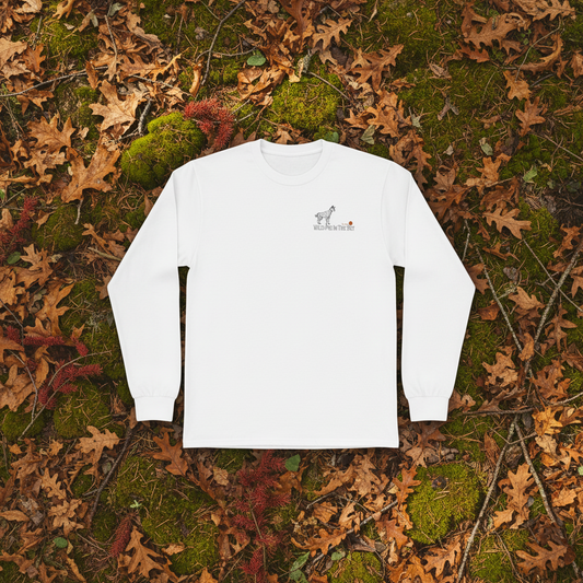 White cotton long sleeve wildlife t-shirt featuring small serval cat chest graphic