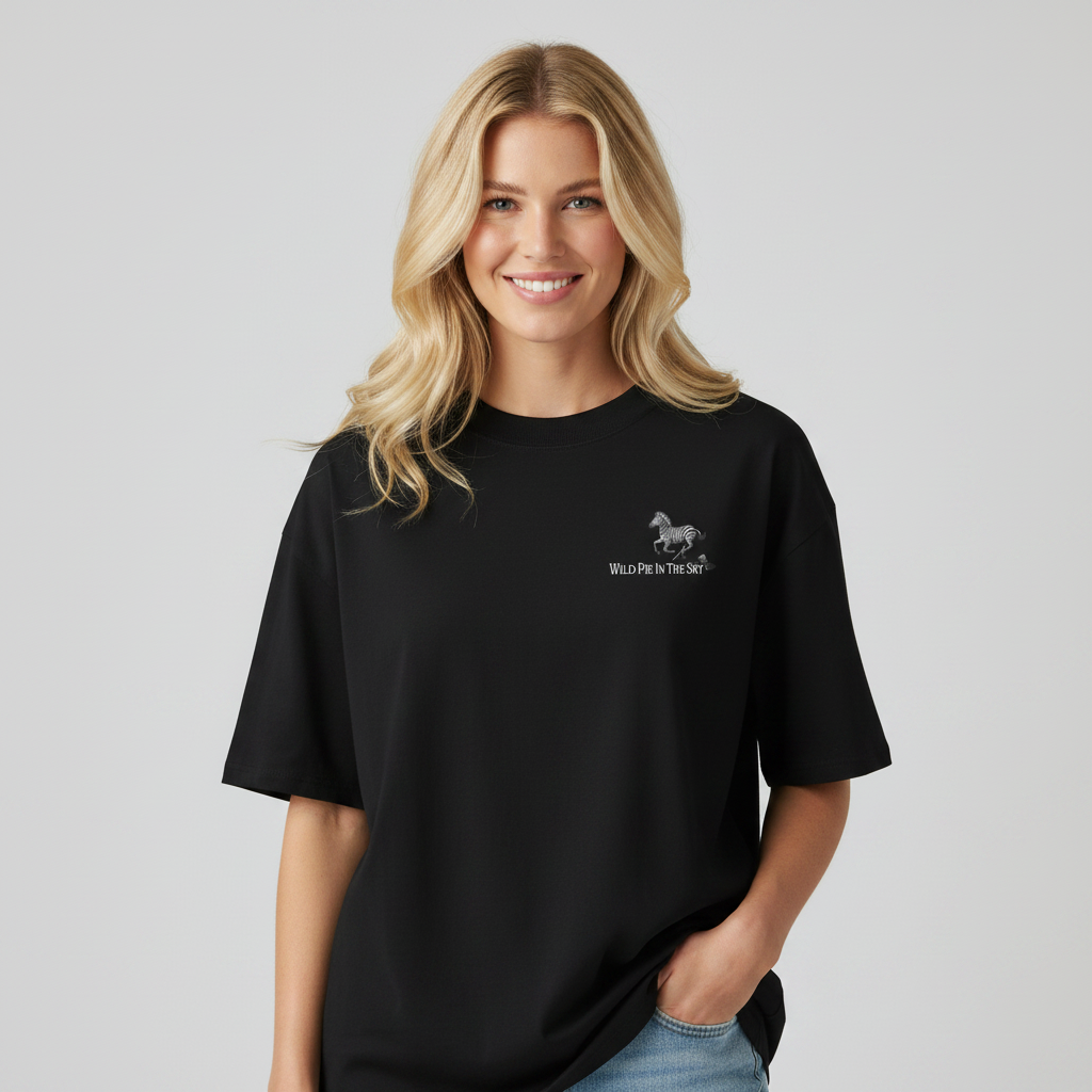 Oversized black organic cotton unisex wildlife t-shirt featuring small zebra chest graphic