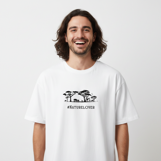 Man wearing Unisex organic cotton nature inspired t-shirt with nature lover design – sustainable clothing