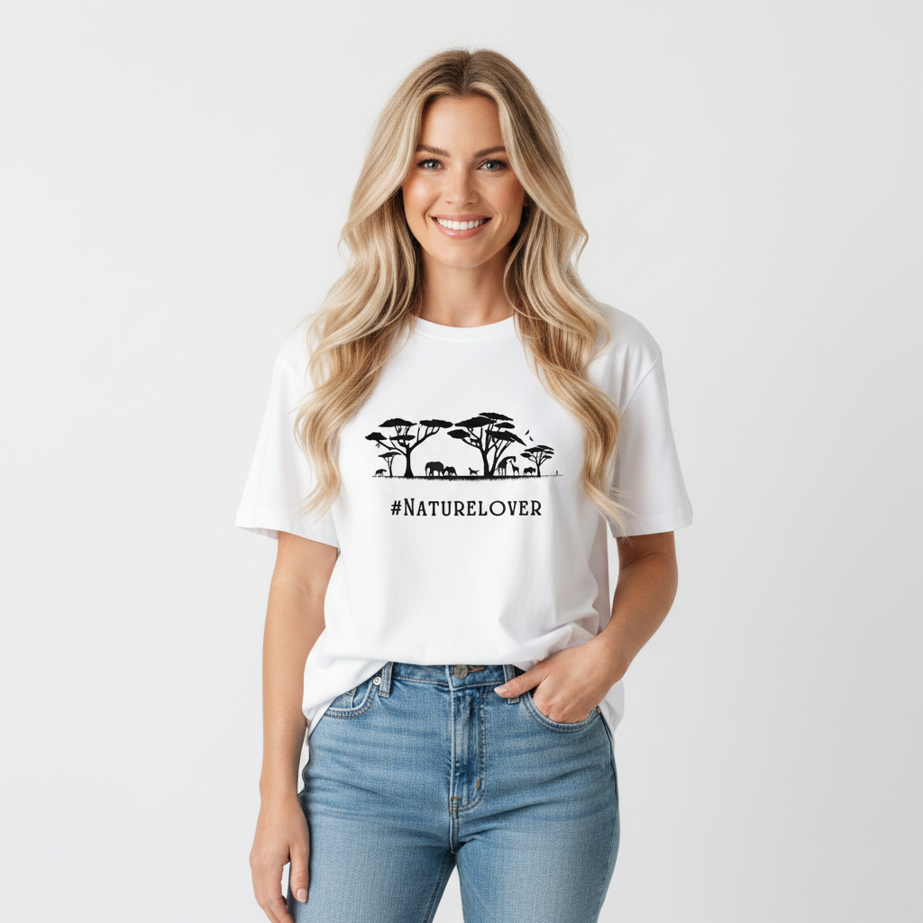 Woman wearing Unisex organic cotton nature inspired t-shirt with nature lover design – sustainable clothing