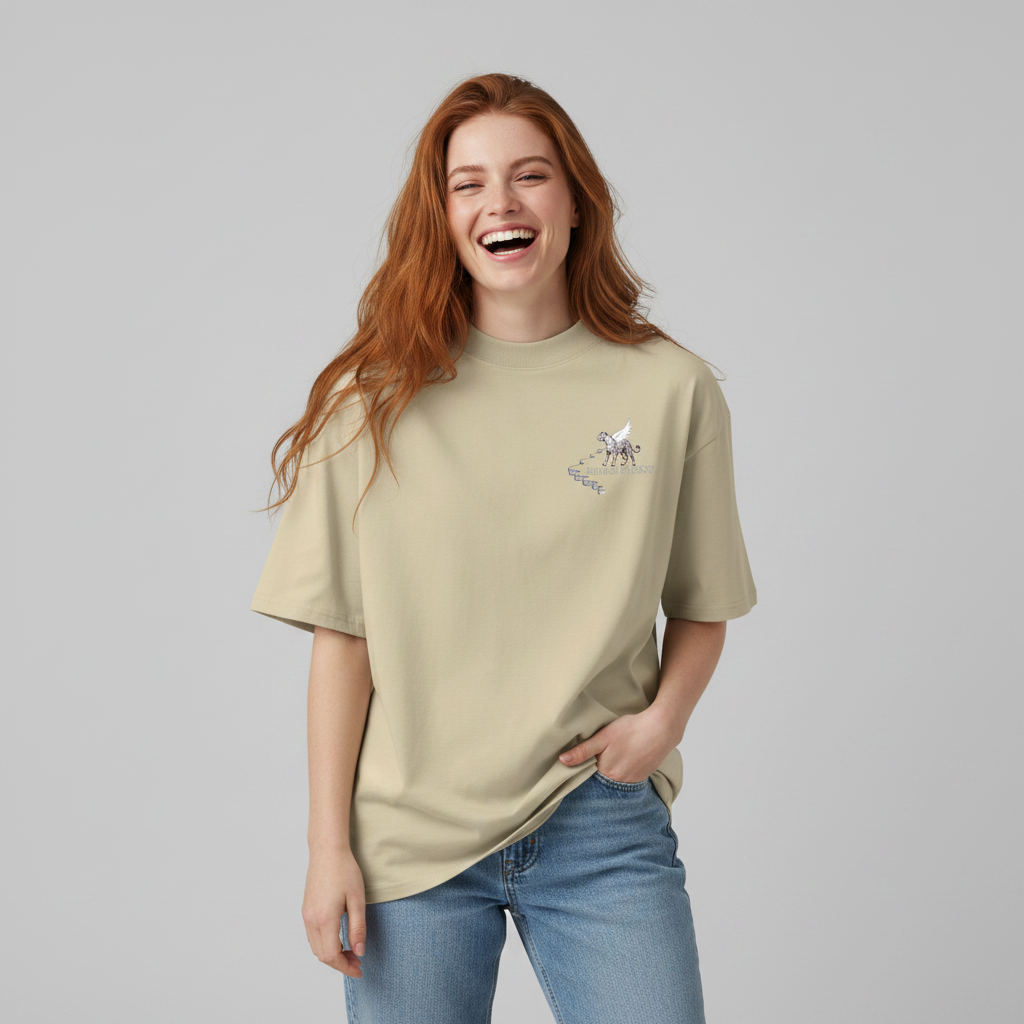 Oversized beige organic cotton unisex wildlife t-shirt featuring small  leopard chest graphic