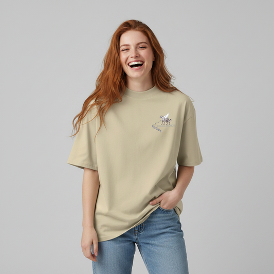 Oversized beige organic cotton unisex wildlife t-shirt featuring small  leopard chest graphic