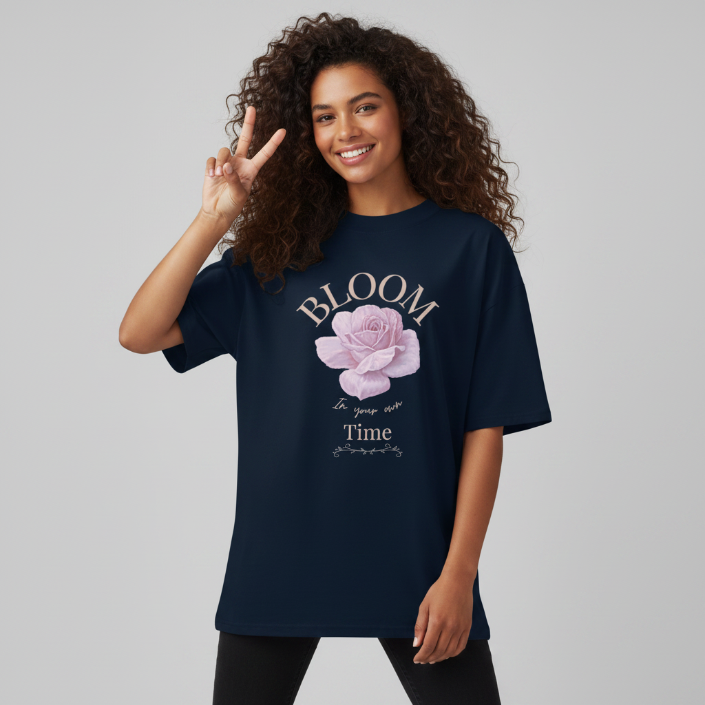 Oversized navy organic cotton unisex wildlife t-shirt featuring flower chest graphic