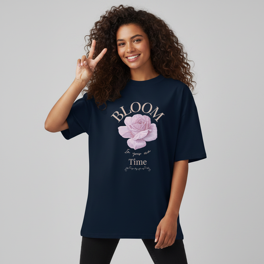 Oversized navy organic cotton unisex wildlife t-shirt featuring flower chest graphic