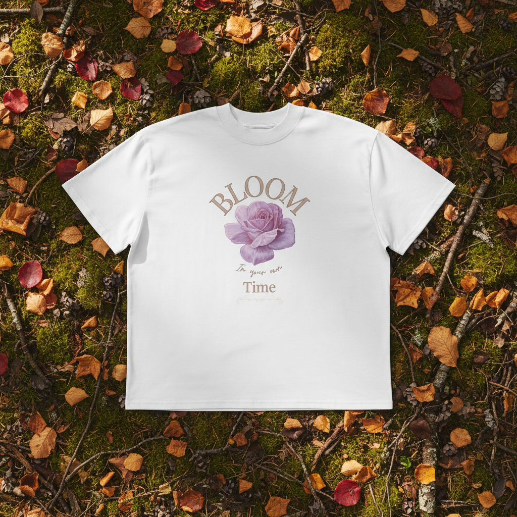 Oversized white organic cotton unisex wildlife t-shirt featuring flower chest graphic