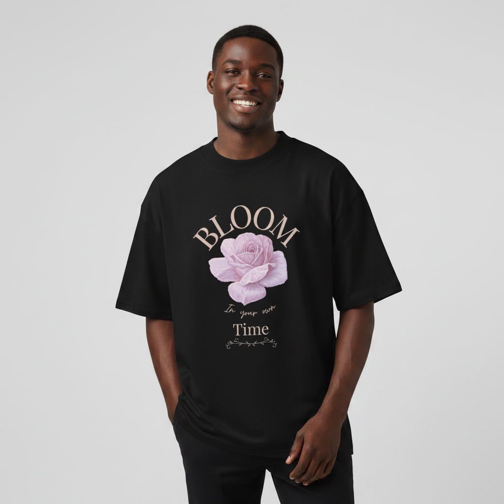 Oversized black organic cotton unisex wildlife t-shirt featuring flower chest graphic