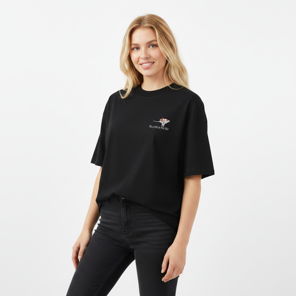 Oversized black organic cotton unisex wildlife t-shirt featuring small  cheetah wearing a rocket chest graphic