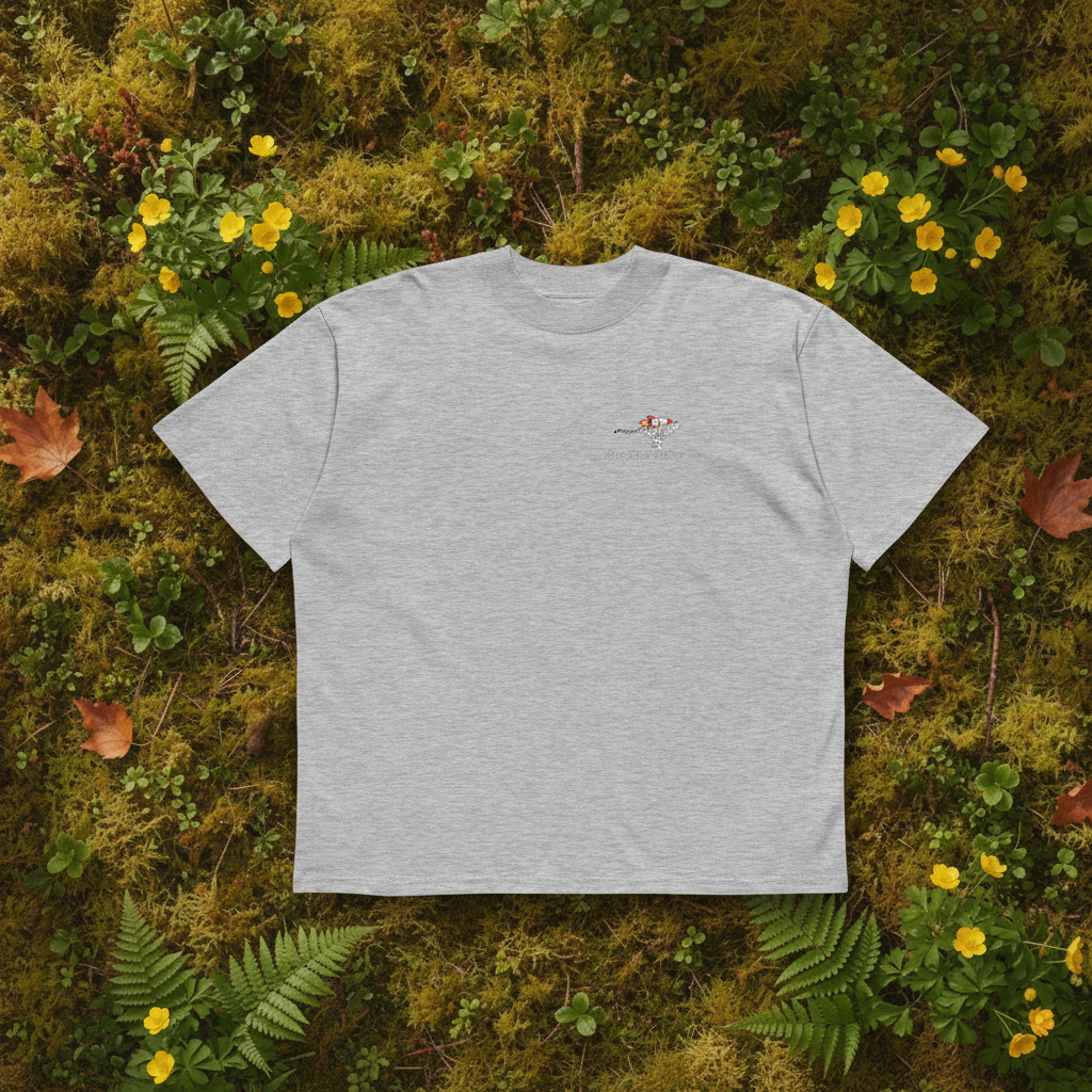 Oversized grey organic cotton unisex wildlife t-shirt featuring small  cheetah wearing a rocket chest graphic