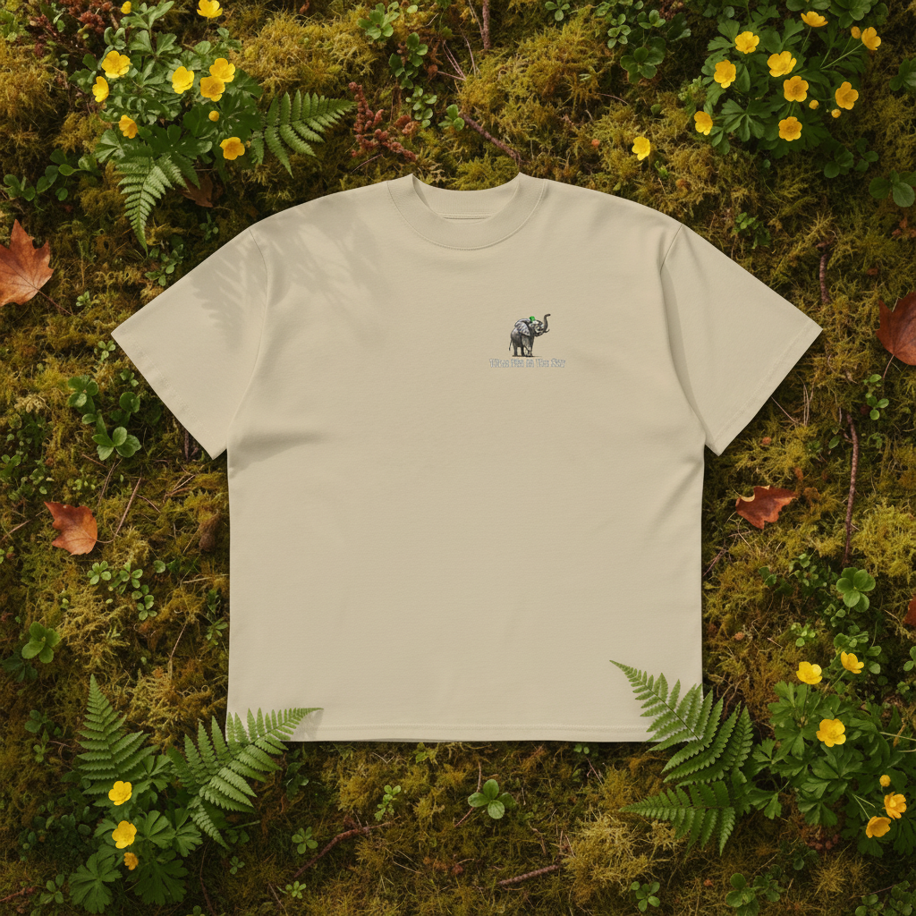 Oversized beige organic cotton unisex wildlife t-shirt featuring small  elephant chest graphic