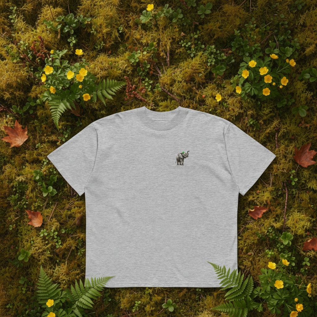 Oversized grey organic cotton unisex wildlife t-shirt featuring small  elephant chest graphic
