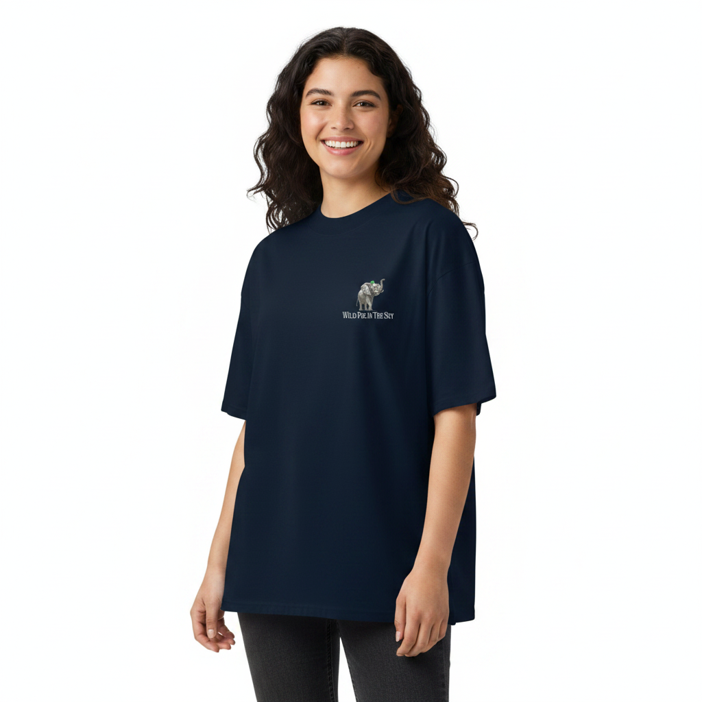 Oversized navy organic cotton unisex wildlife t-shirt featuring small  elephant chest graphic