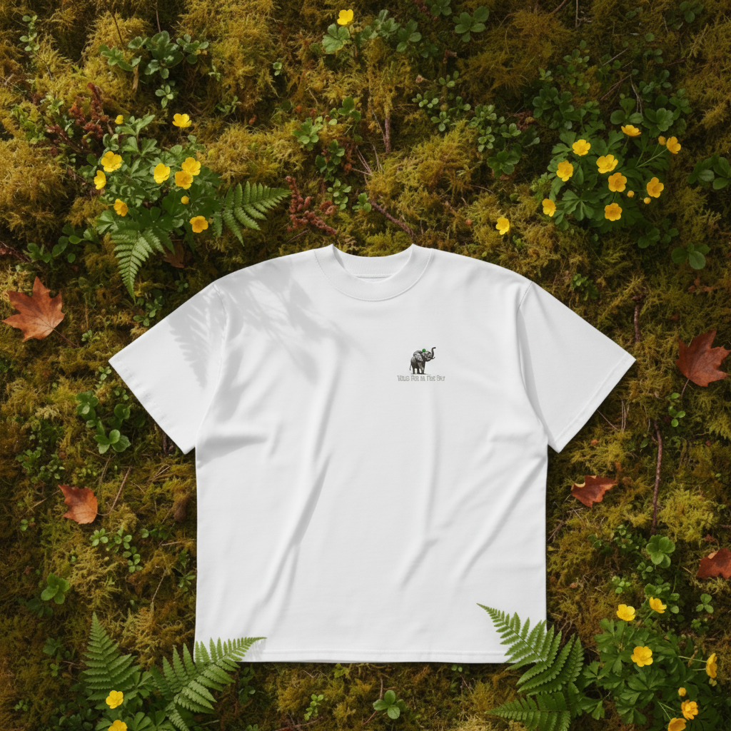 Oversized white organic cotton unisex wildlife t-shirt featuring small  elephant chest graphic