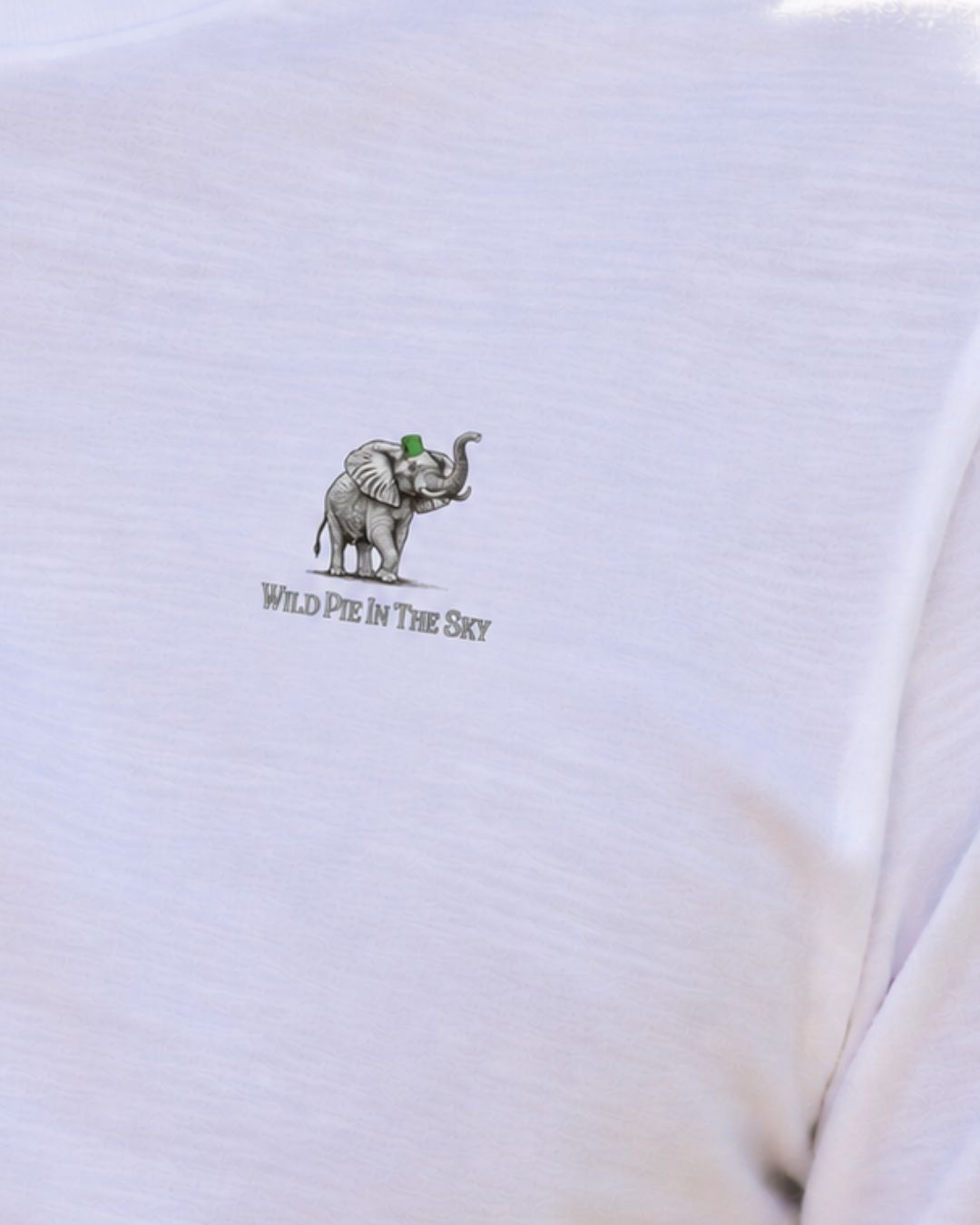 Unisex cotton long sleeve wildlife t-shirt featuring small elephant chest graphic shown up close in white