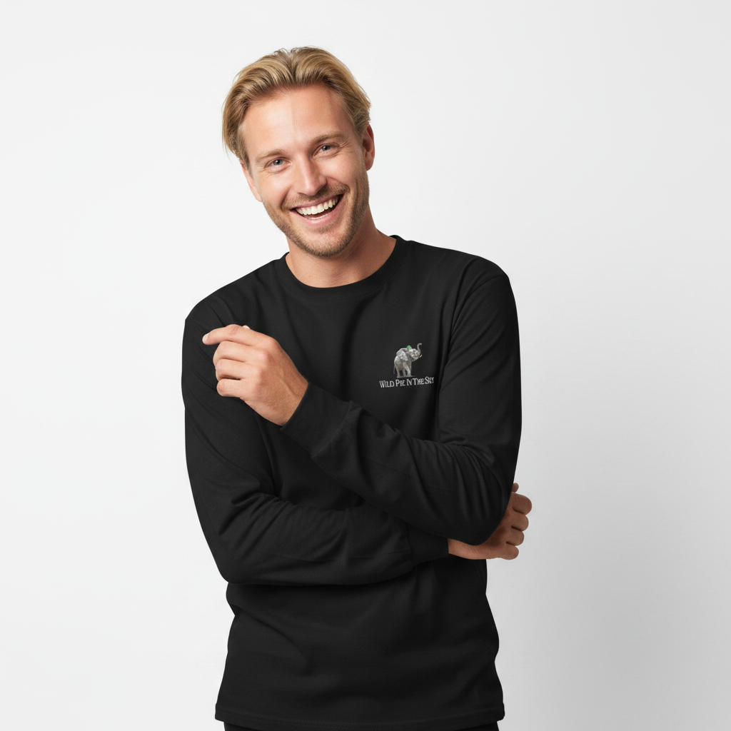 Black cotton long sleeve wildlife t-shirt featuring small elephant chest graphic