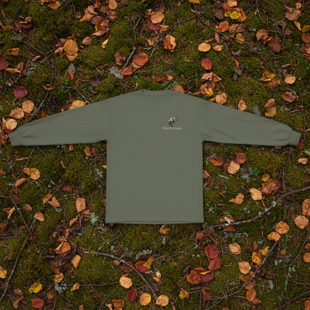Cypress green cotton long sleeve wildlife t-shirt featuring small elephant chest graphic