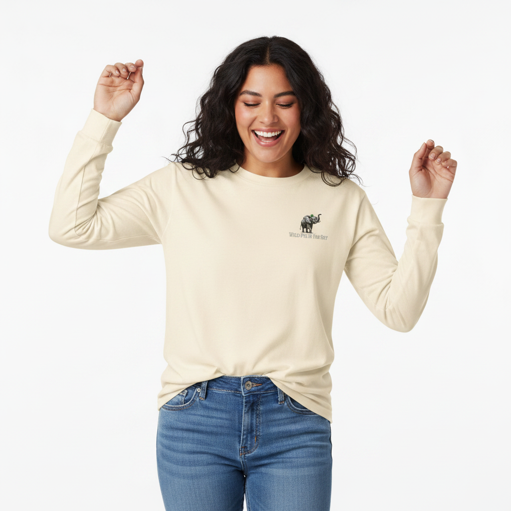 Ecru cotton long sleeve wildlife t-shirt featuring small elephant chest graphic
