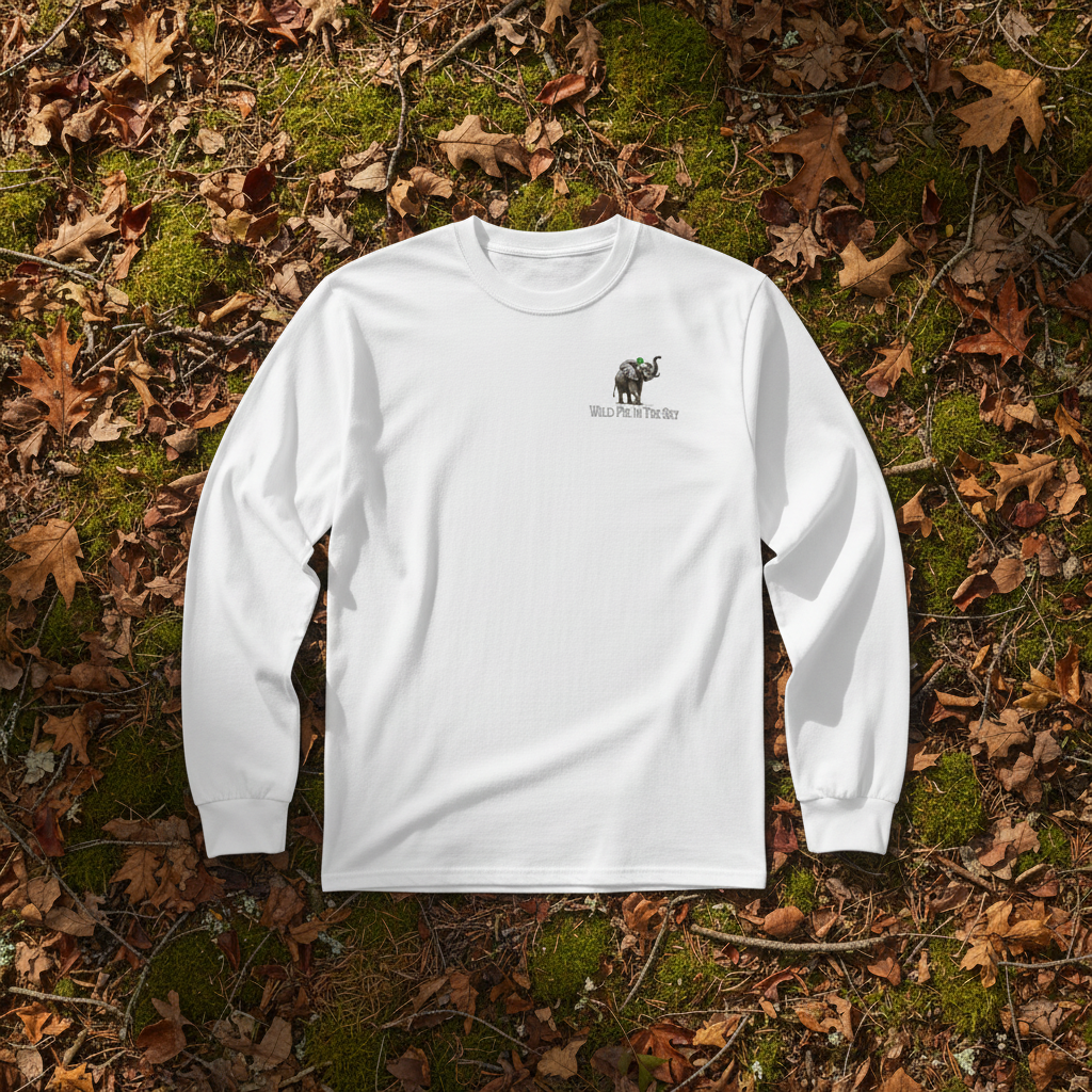White cotton long sleeve wildlife t-shirt featuring small elephant chest graphic