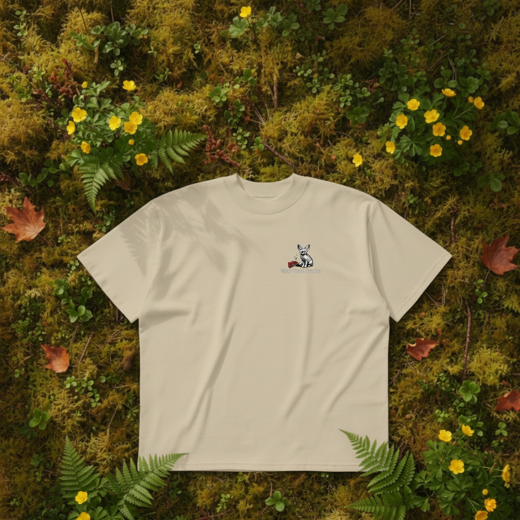 Oversized beige organic cotton unisex wildlife t-shirt featuring small  fennec fox chest graphic