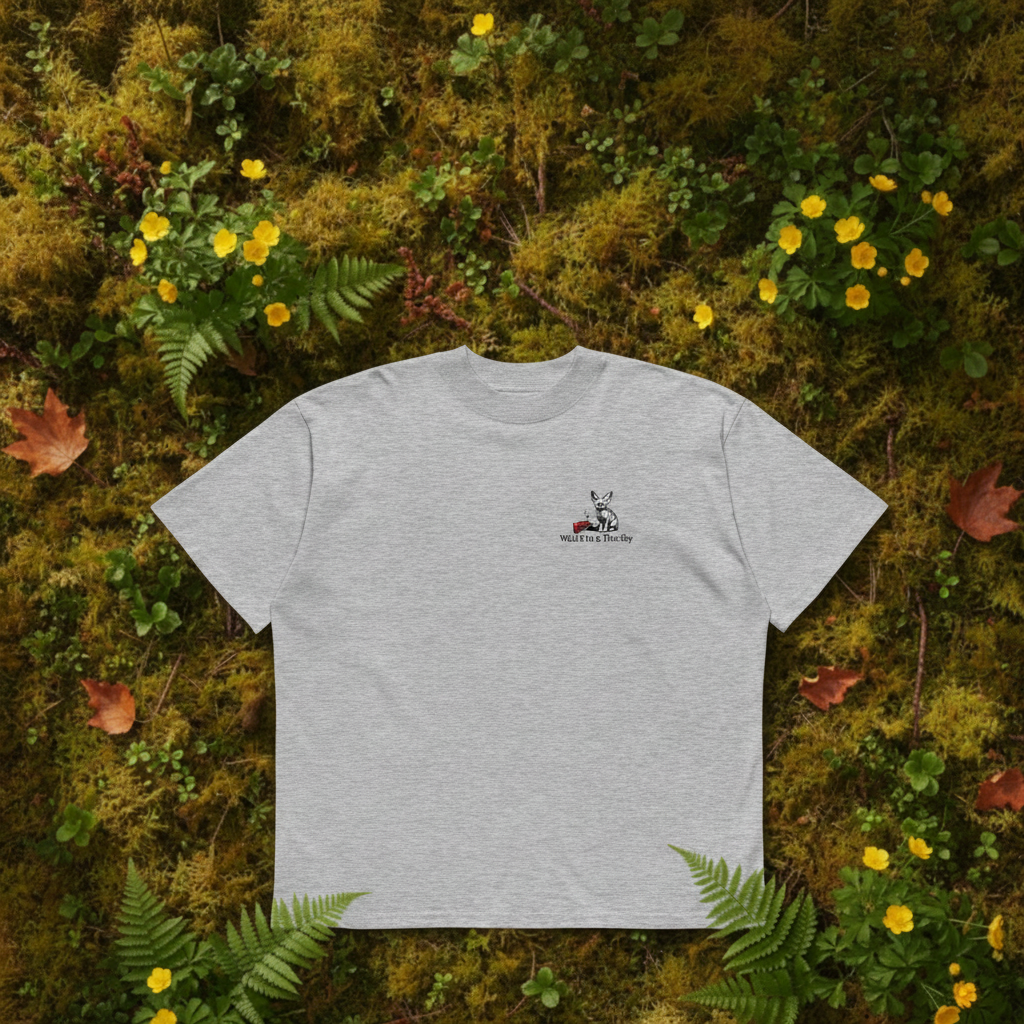 Oversized grey organic cotton unisex wildlife t-shirt featuring small  fennec fox chest graphic
