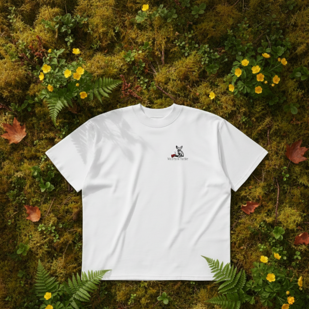 Oversized white organic cotton unisex wildlife t-shirt featuring small  fennec fox chest graphic
