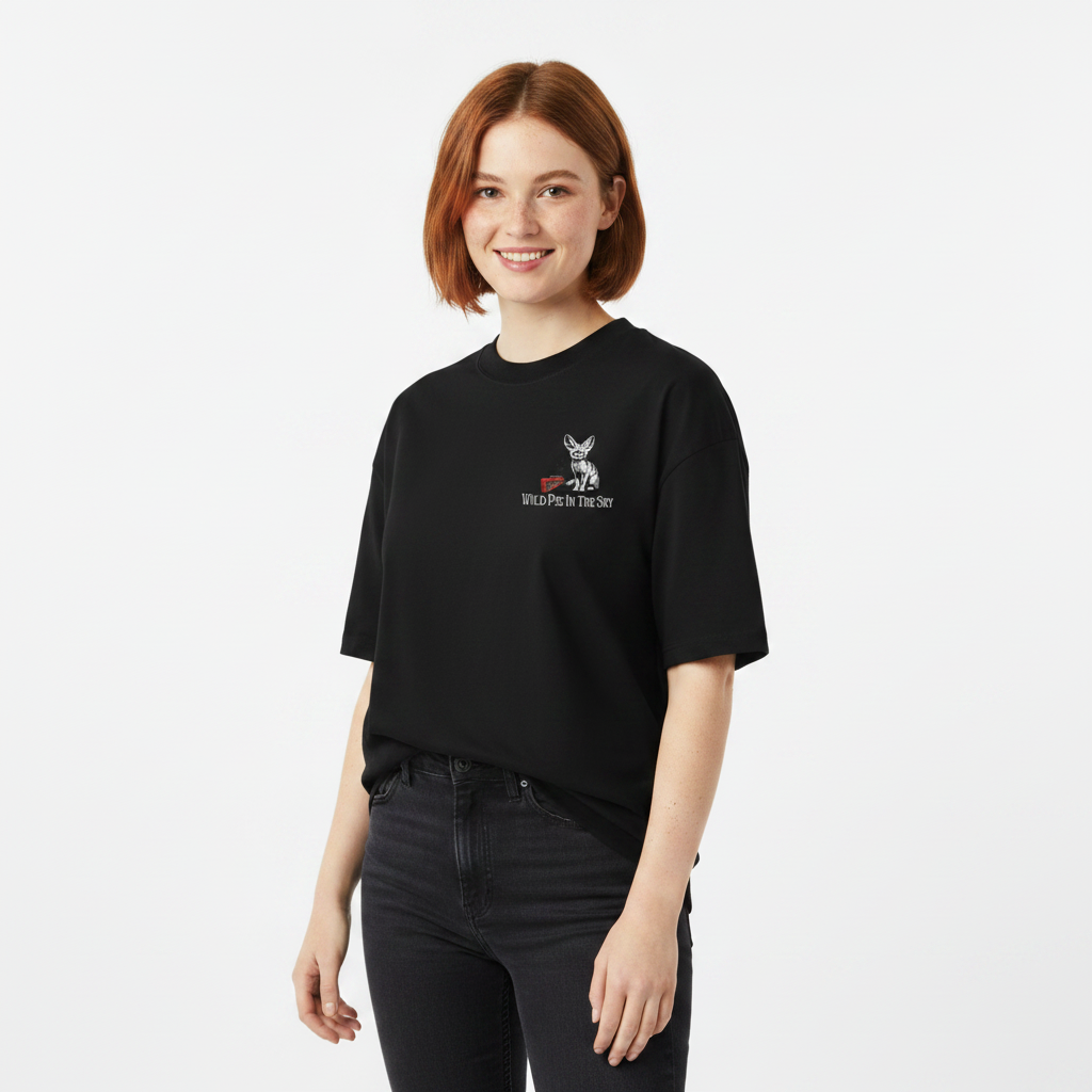 Oversized grey organic cotton unisex wildlife t-shirt featuring small  fennec fox chest graphic