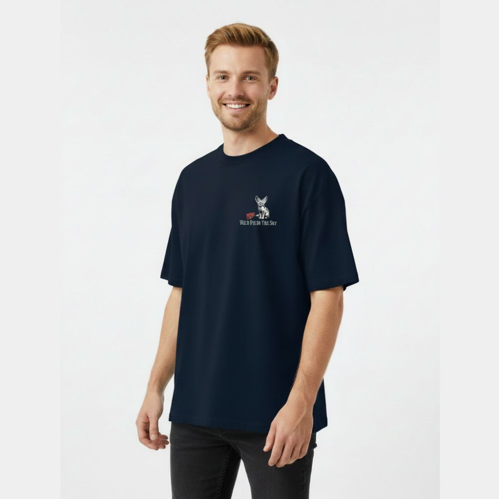 Oversized grey organic cotton unisex wildlife t-shirt featuring small  fennec fox chest graphic