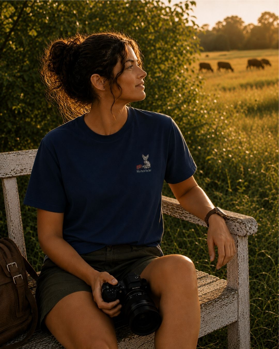 Oversized navy organic cotton unisex wildlife t-shirt featuring small fennec fox chest graphic