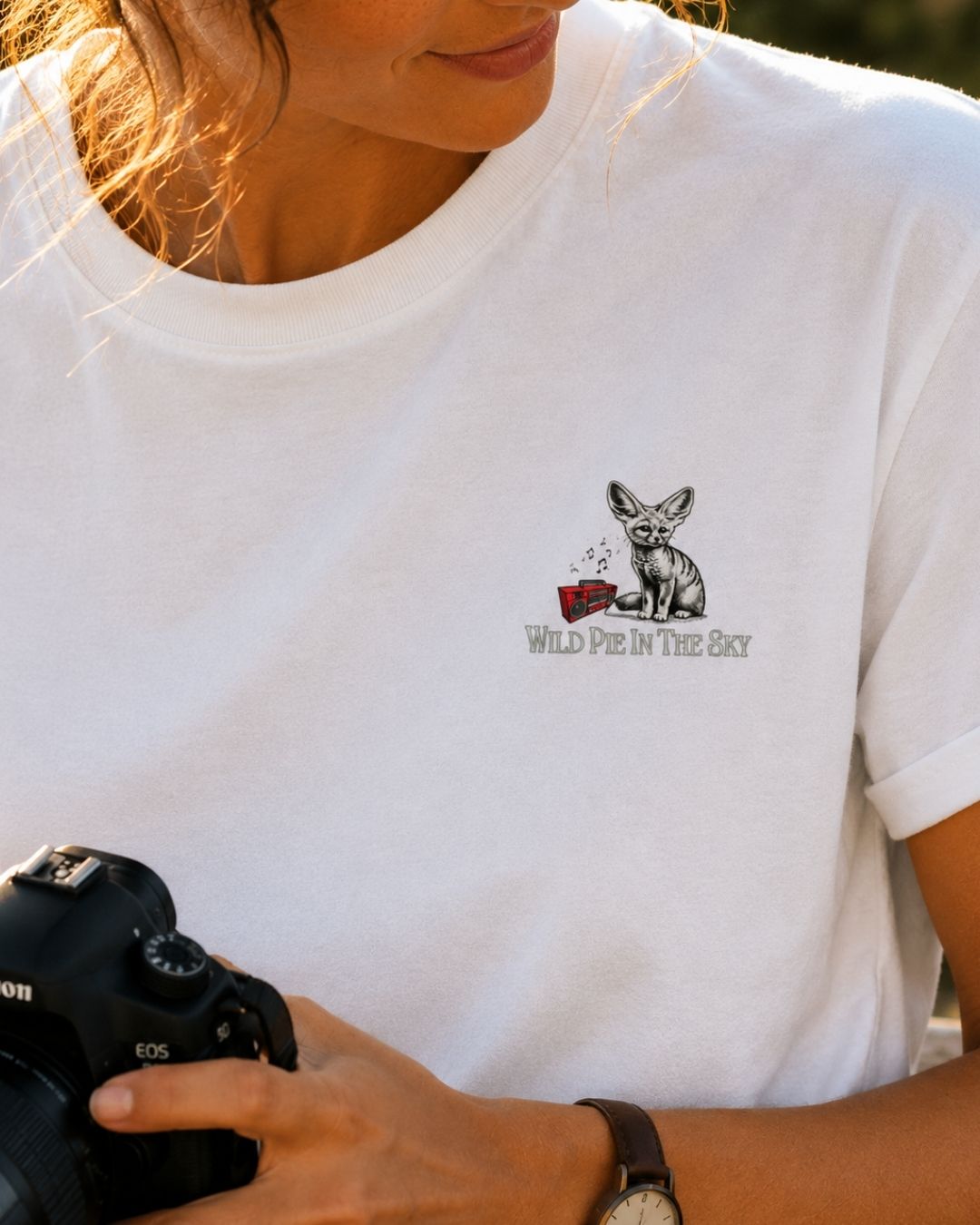Oversized white organic cotton unisex wildlife t-shirt featuring small fennec fox chest graphic