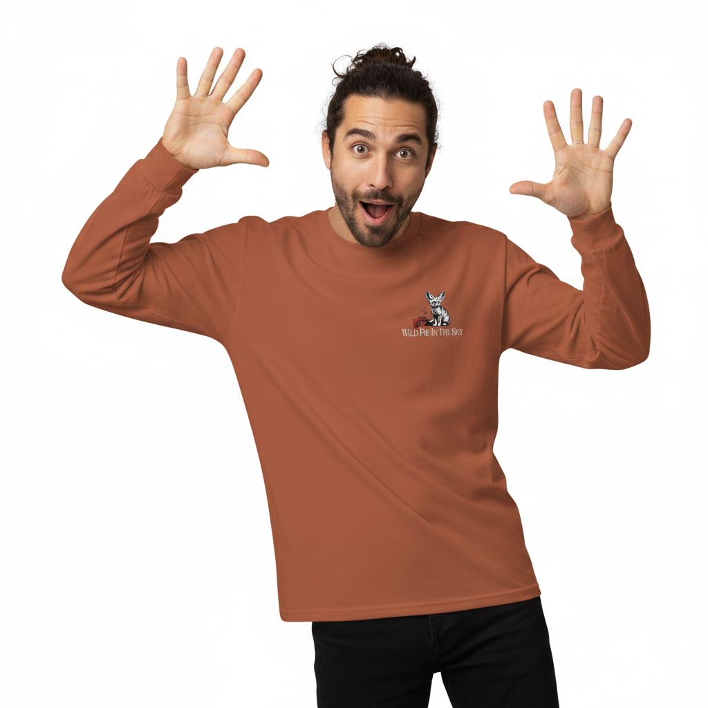 Clay brown cotton long sleeve wildlife t-shirt featuring small fennec fox chest graphic