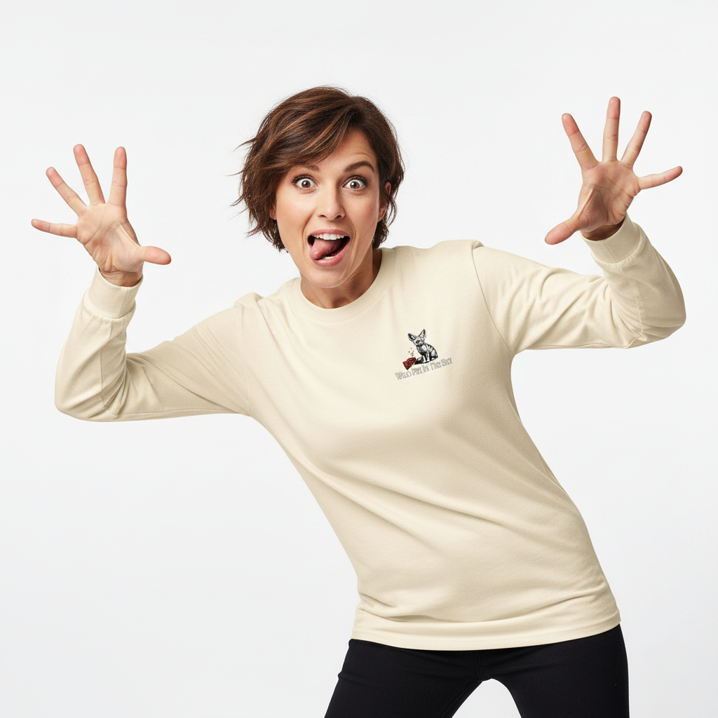 Ecru cotton long sleeve wildlife t-shirt featuring small fennec fox chest graphic