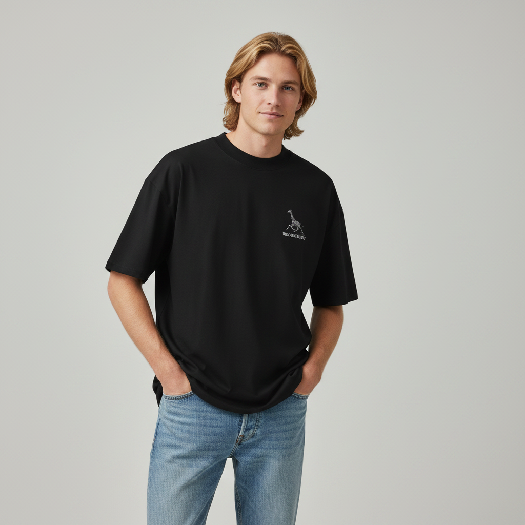 Oversized black organic cotton unisex wildlife t-shirt featuring small giraffe chest graphic