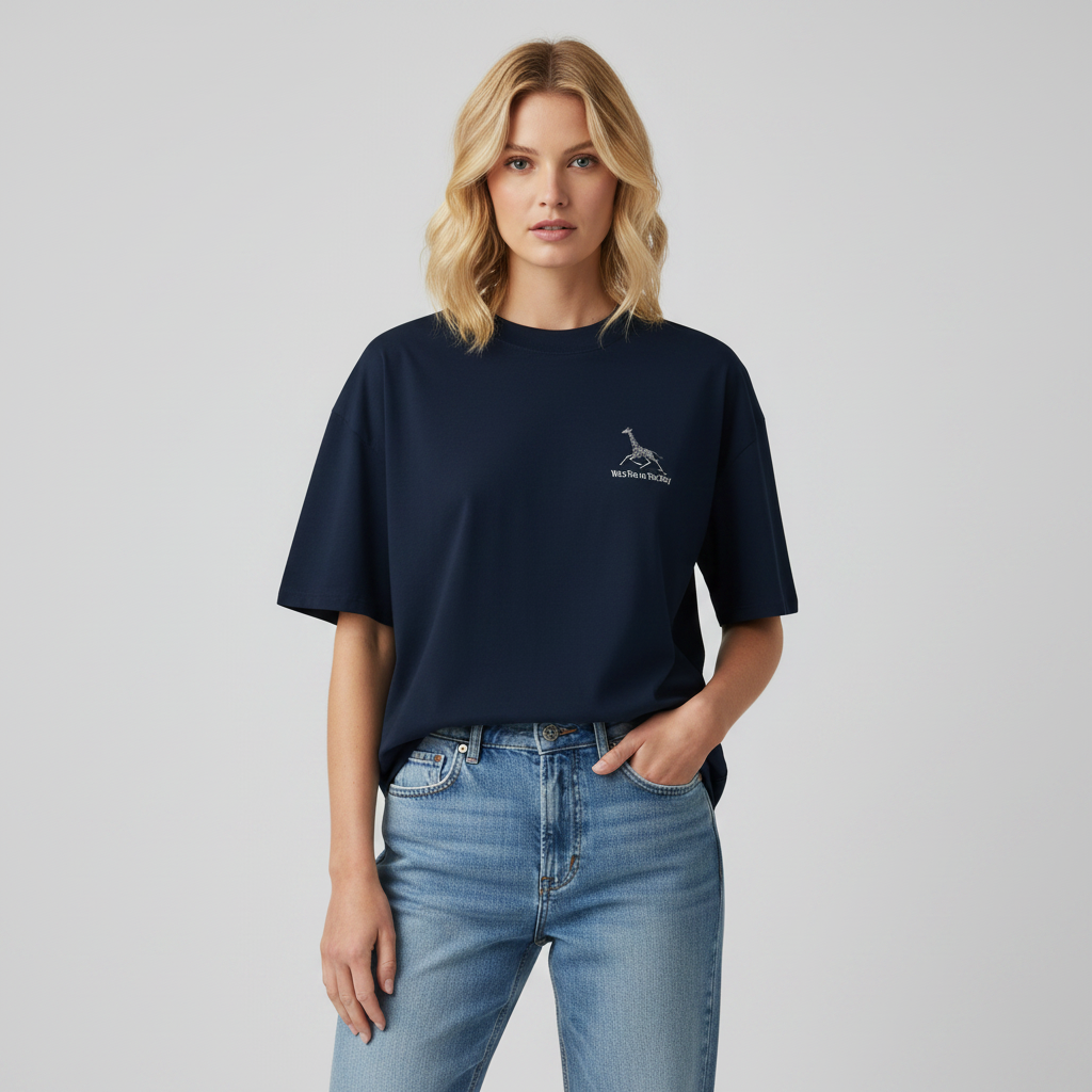 Oversized navy organic cotton unisex wildlife t-shirt featuring small giraffe chest graphic