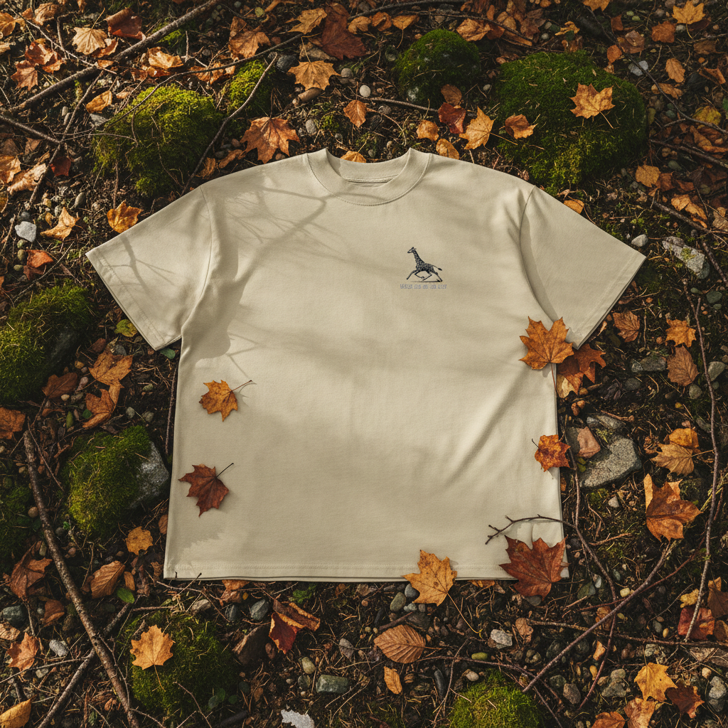 Oversized beige organic cotton unisex wildlife t-shirt featuring small giraffe chest graphic
