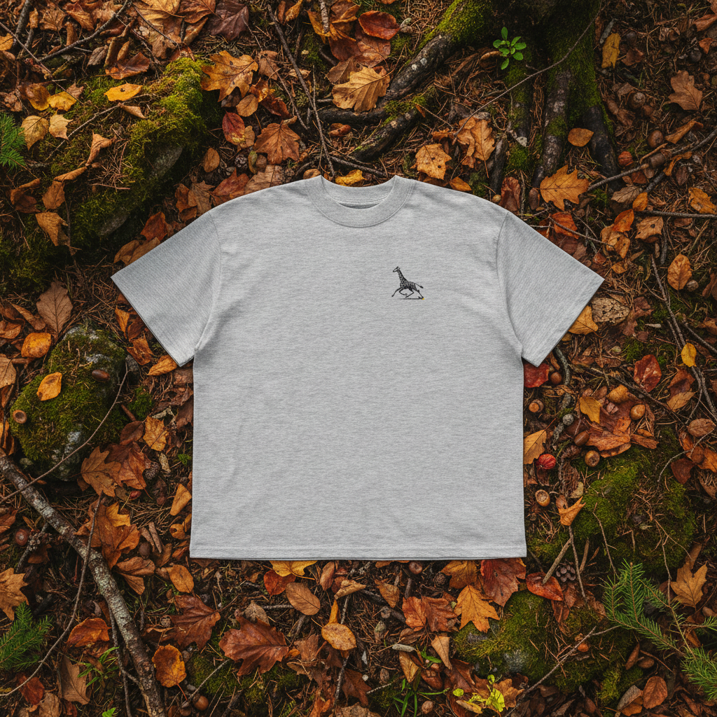 Oversized grey organic cotton unisex wildlife t-shirt featuring small giraffe chest graphic