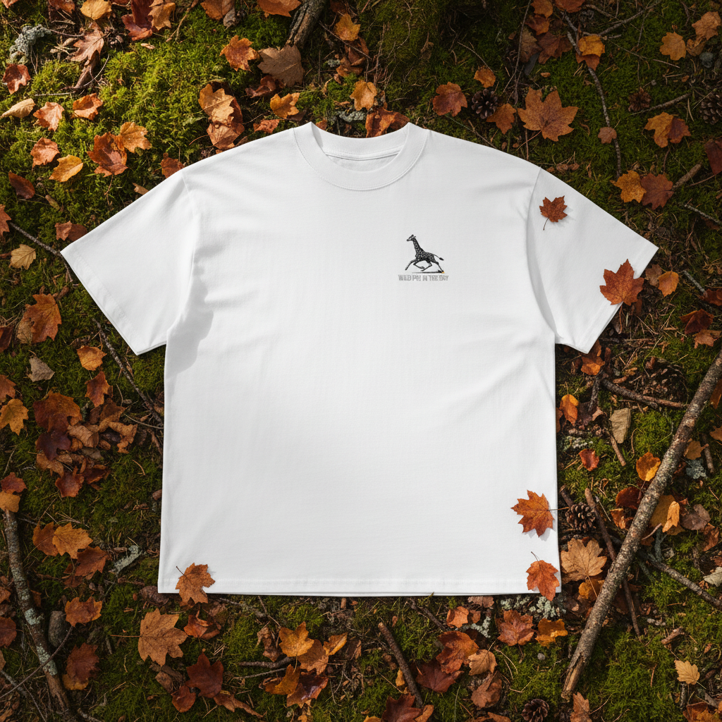 Oversized white organic cotton unisex wildlife t-shirt featuring small giraffe chest graphic