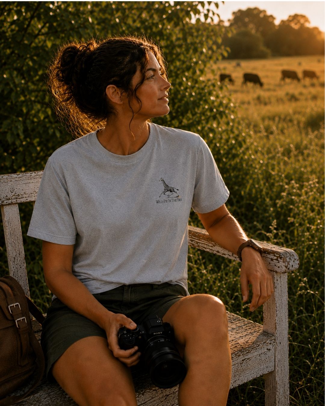 Oversized grey organic cotton unisex wildlife t-shirt featuring small giraffe chest graphic
