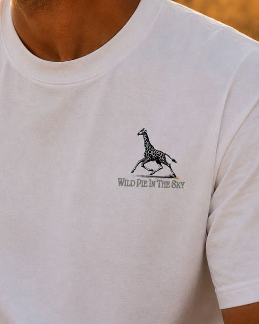 Oversized white organic cotton unisex wildlife t-shirt featuring small giraffe chest graphic