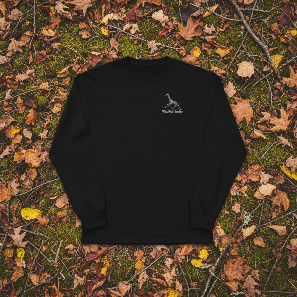 Black unisex cotton long sleeve wildlife t-shirt featuring small giraffe chest graphic
