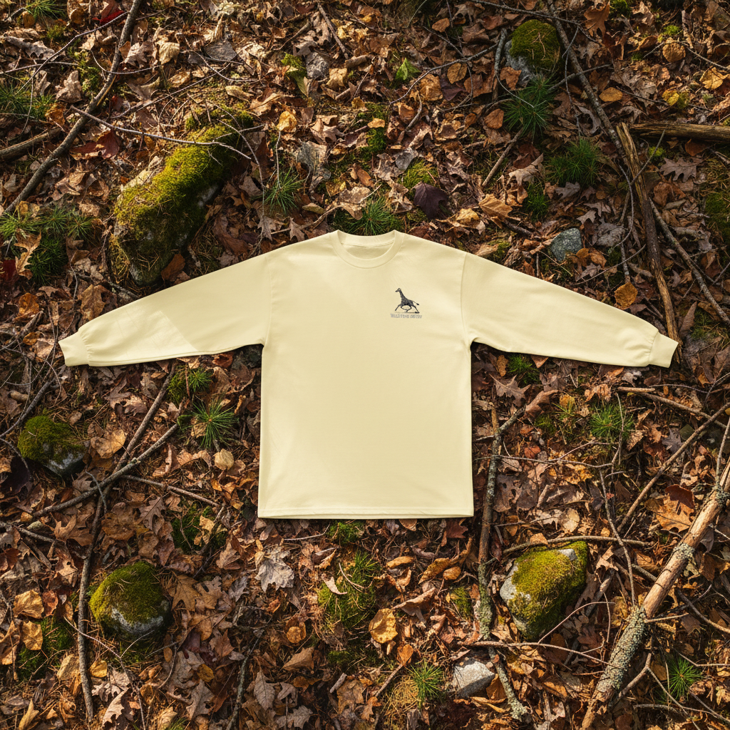 Butter yellow unisex cotton long sleeve wildlife t-shirt featuring small giraffe chest graphic