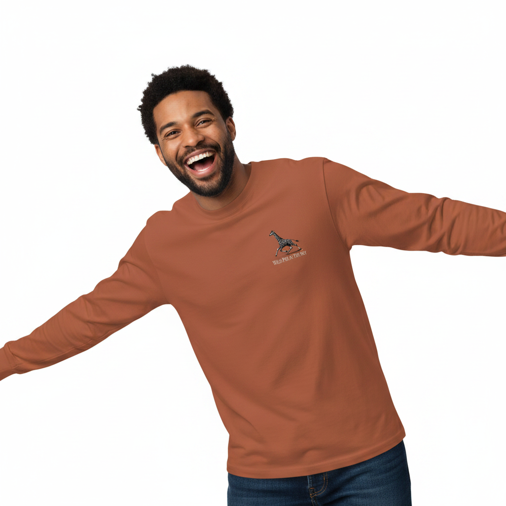 Clay brown unisex cotton long sleeve wildlife t-shirt featuring small giraffe chest graphic