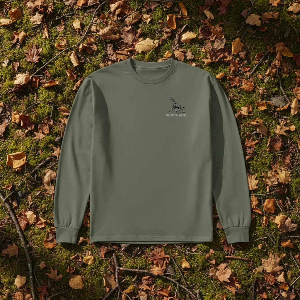 Cypress green unisex cotton long sleeve wildlife t-shirt featuring small giraffe chest graphic